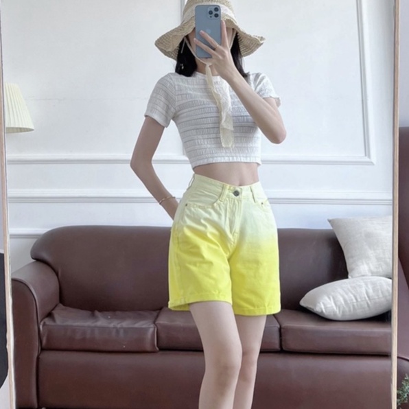 Quần short kaki wash phối 2 màu lưng cao ống rộng có Bigsize (SK1112)