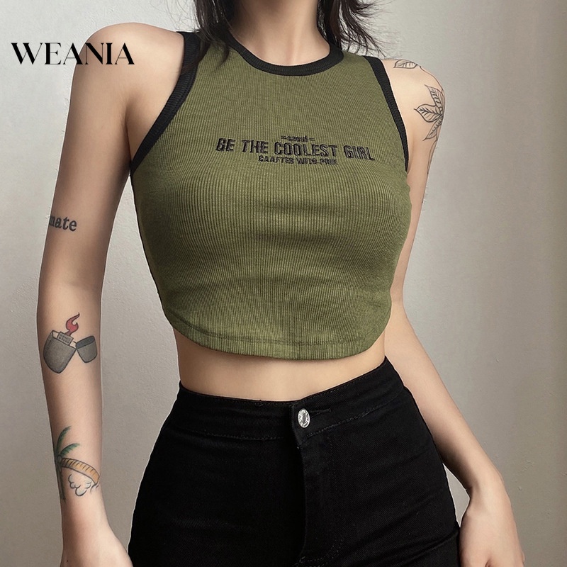 Áo Tank Top Cổ Tròn Thêu Chữ Thiết Kế Quyến Rũ Cho Nữ