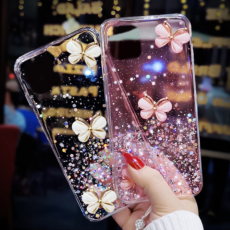 Ốp lưng OPPO A91 A83 A71 A57 A39 A37 A37F F11 F9 F7 F5 F1S Reno5 Pro 2020 Glitter Crystal Three Butterflies Soft TPU Case