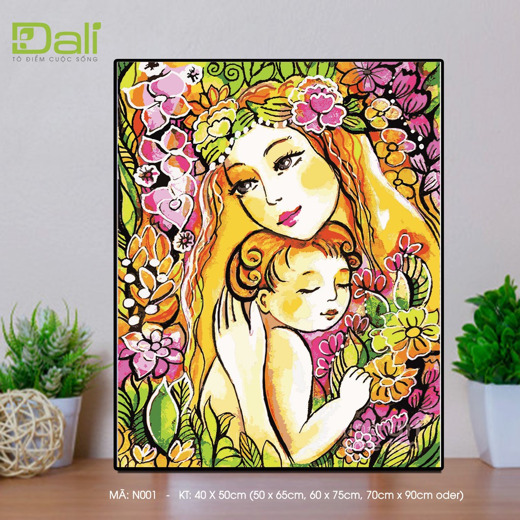 Tranh sơn số hoá tự tô đã căng khung tình mẹ con tình mẫu tử