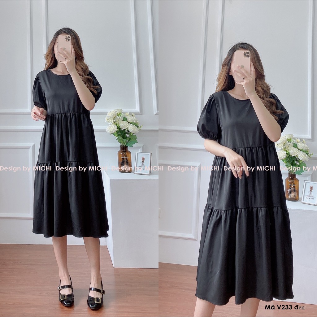 Váy babydoll 3 tầng, cổ nơ, đầm xuông rộng, váy suông freesize, nhiều màu, mã V233 - Michi's House