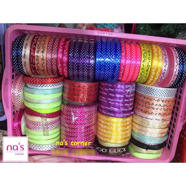 Dây ruy băng lụa hoạ tiết Happy birthday / Tim / best wishes/ chấm bi... 1cm cuộn 20m
