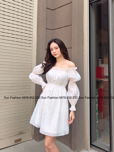 Đầm trễ vai tay dài chất liệu voan tơ 2 lớp mềm mại, màu trắng tinh khôi,nhẹ nhàng chụp ảnh kỉ yếu,prom cuối năm