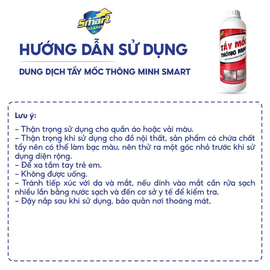 Dung dịch tẩy mốc Smart an toàn chai 1000ml làm sạch mốc tường, doăng cao su, chăn gối, quần áo trắng