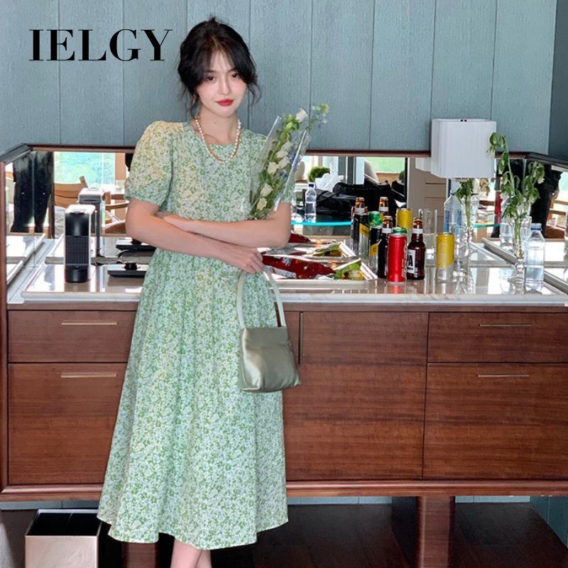 Đầm dài IELGY dáng chữ A lưng cao màu xanh lá kiểu Pháp thời trang hè cho nữ