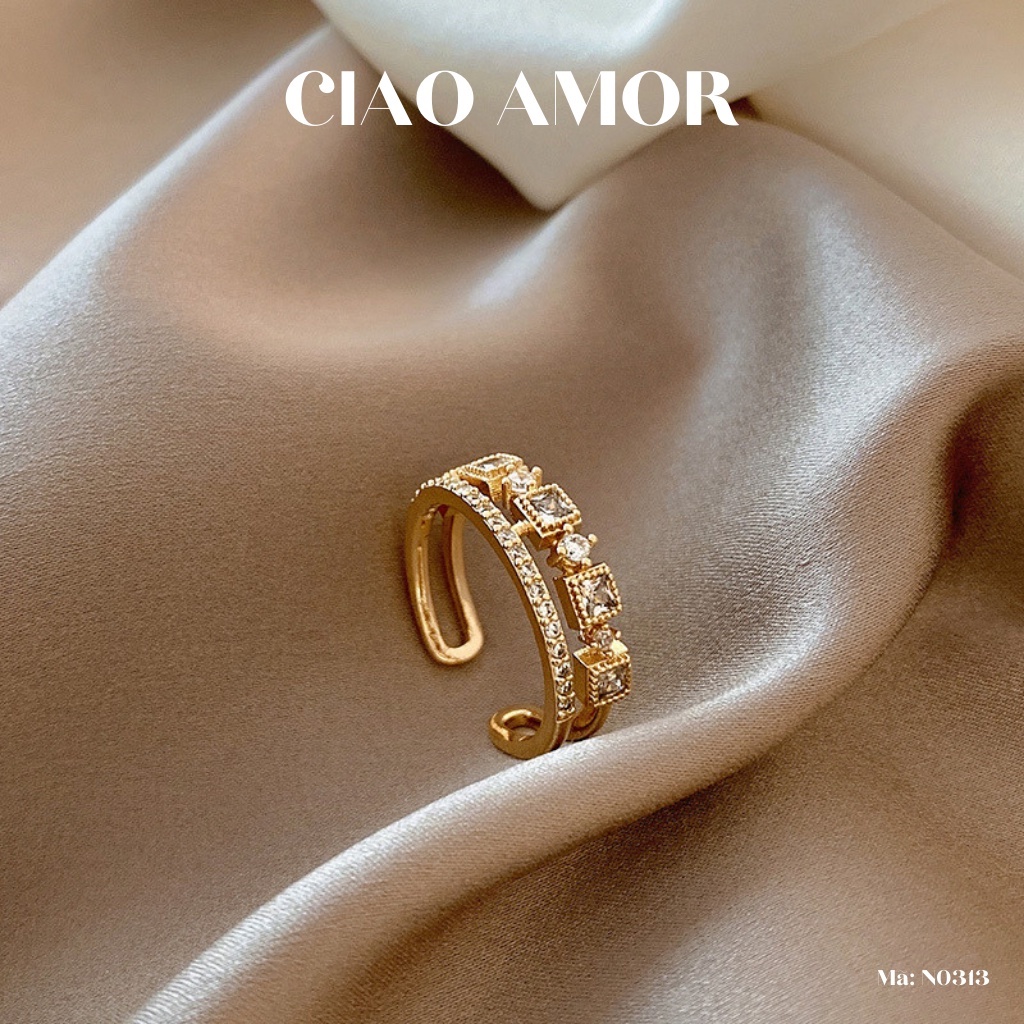 Nhẫn nữ 2 lớp khúc vuông đính đá lấp lánh Tranng sức Ciao Amor - N0313