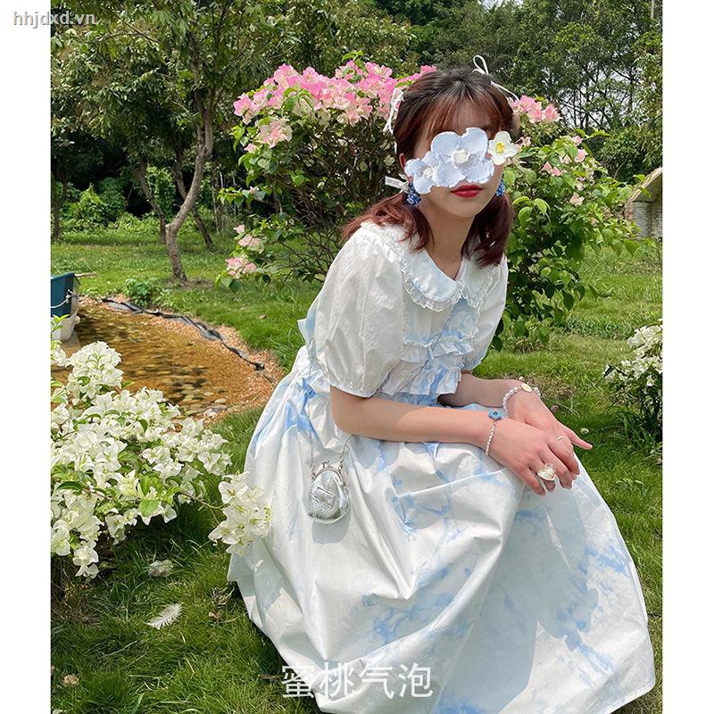 ✶blooming light blue tie-dye dress female spring and summer new style Korean flower puff sleeve pure lovely age-reducing skirt [shipped within 15 days]