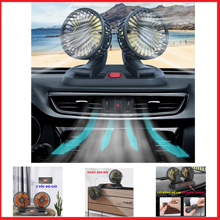 Quạt đôi mini 12V xoay 360 độ công suất lớn để xe ô tô xe hơi có bảng để lại số điện thoại 2 chế độ làm mát cực mạnh