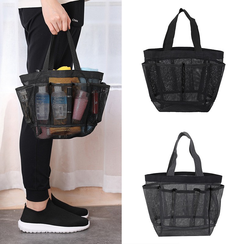 Portable Mesh Shower Bath Toiletry Organizer 9 Storage Pockets Tote Hand Bag