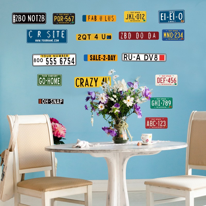Decal dán trang trí tường 3D biển số xe phong cách hiện đại - decan trang trí cà phê, dán trà sữa, dán baber shop