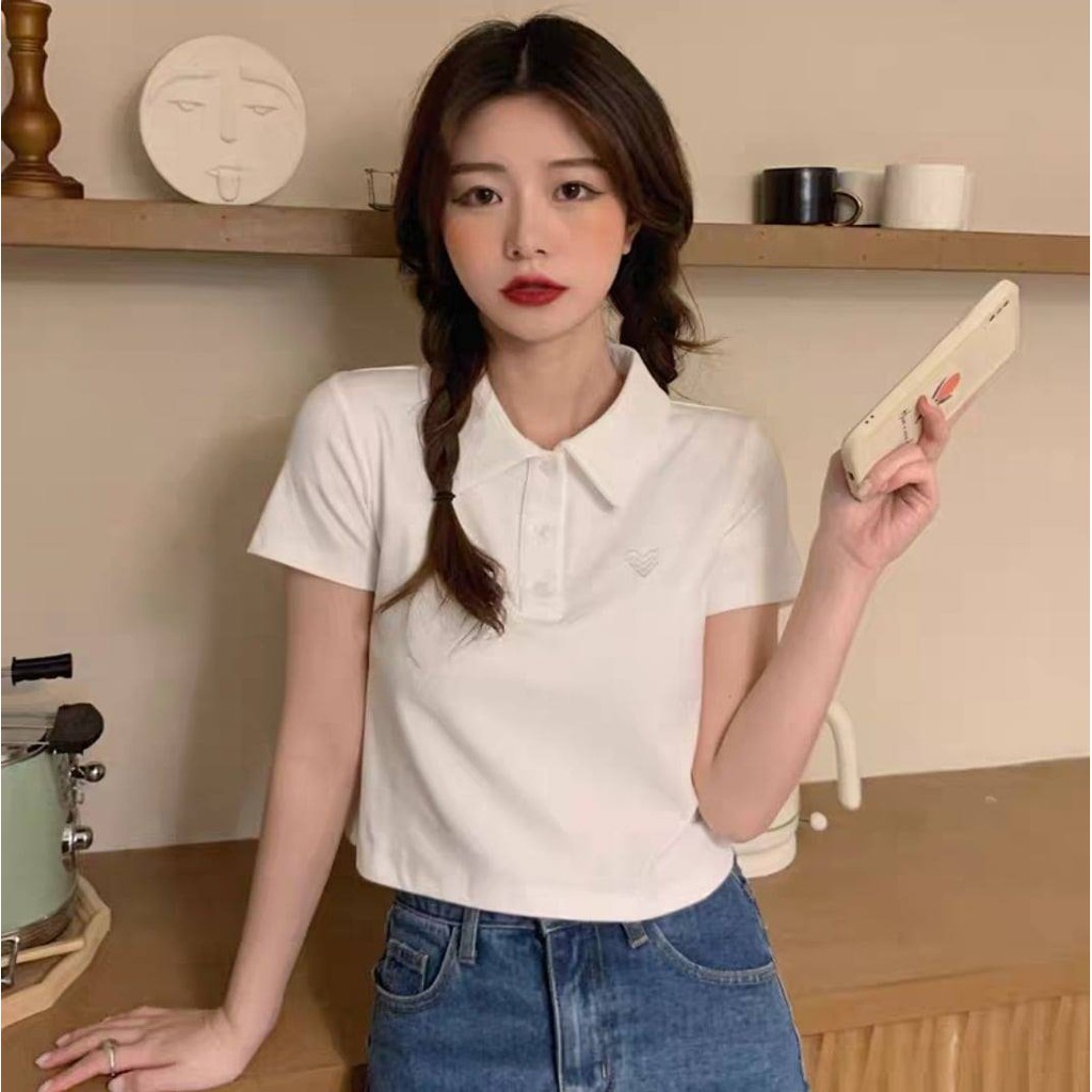 CROP POLO BASIC THÊU TIM