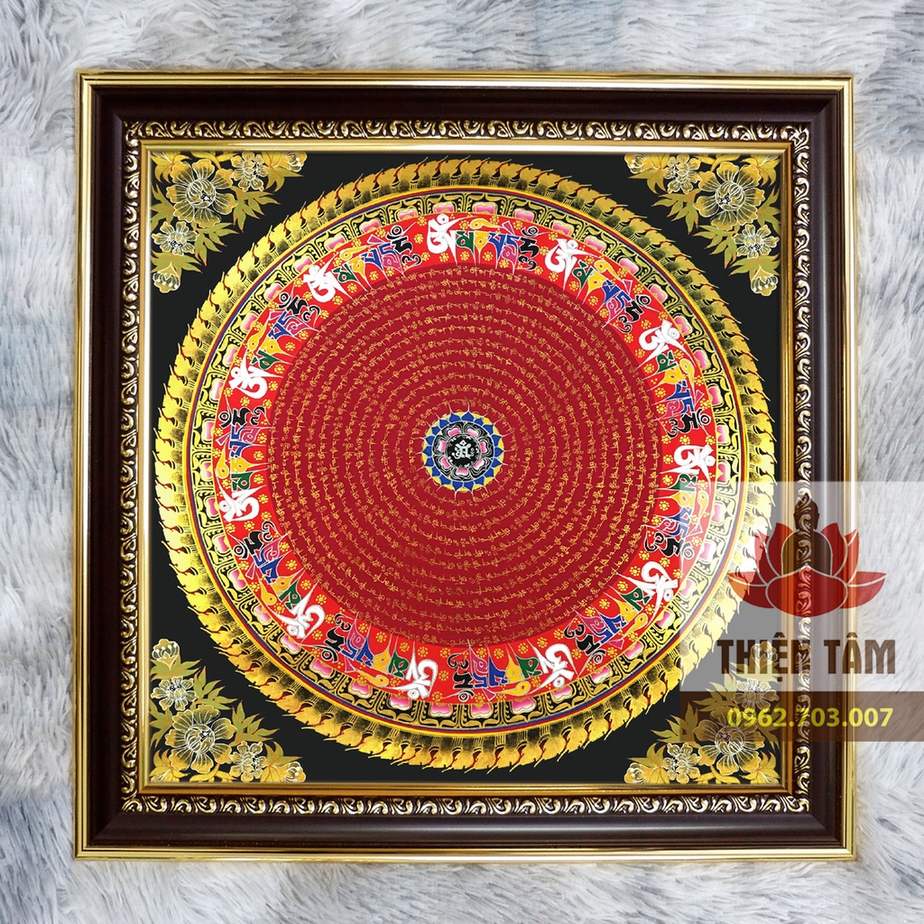 Tranh Chú Lăng Nghiêm Mandala 36x36cm bằng vải phủ bóng, khung composite xịn xò