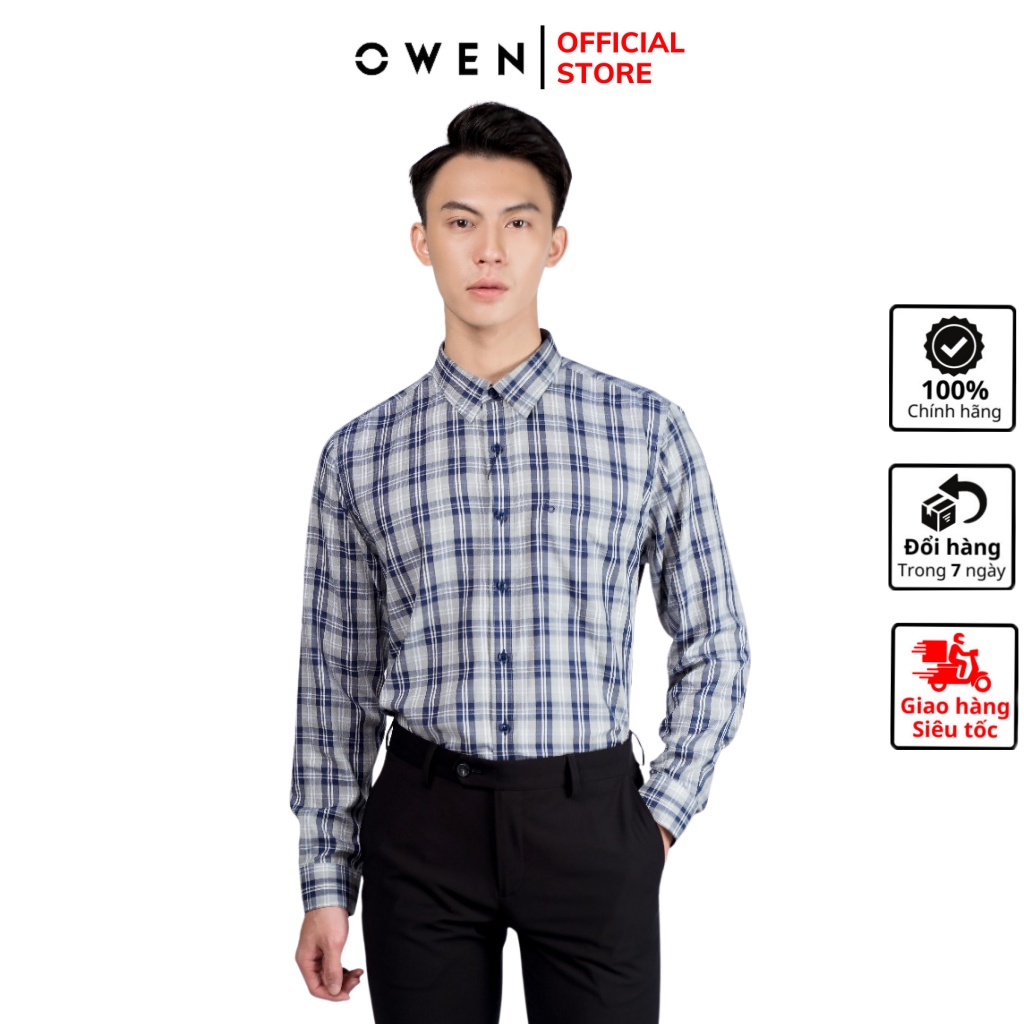 Áo sơ mi nam dài tay OWEN AR61047DT somi công sở vải sợi tre cao cấp màu xám kẻ caro xanh than dáng suông tà lượn có túi