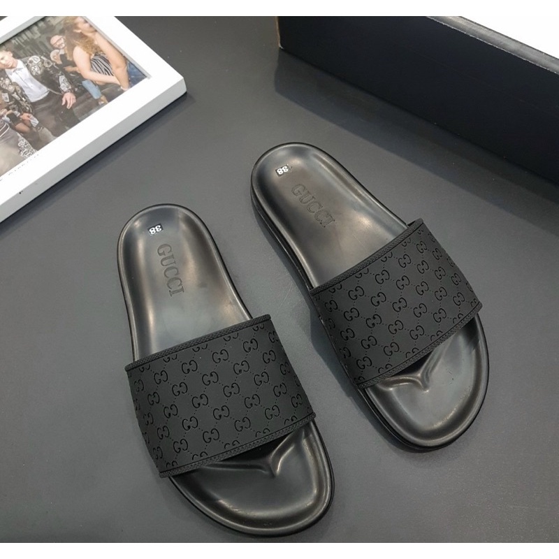 Dép quai ngang có hoạ tiết dập vân logo, Dép da thời trang chống trơn phong cách đơn giản btshop từ 38 đến 42