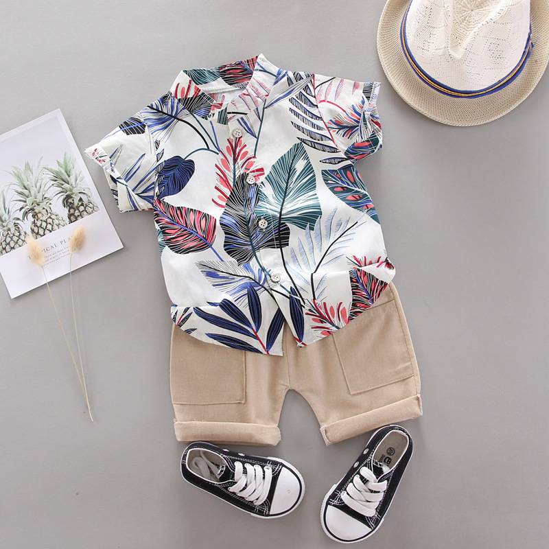 Bộ áo sơ mi tay ngắn kèm quần short dành cho bé trai dịp hè từ 0-5 tuổi in họa tiết thời trang