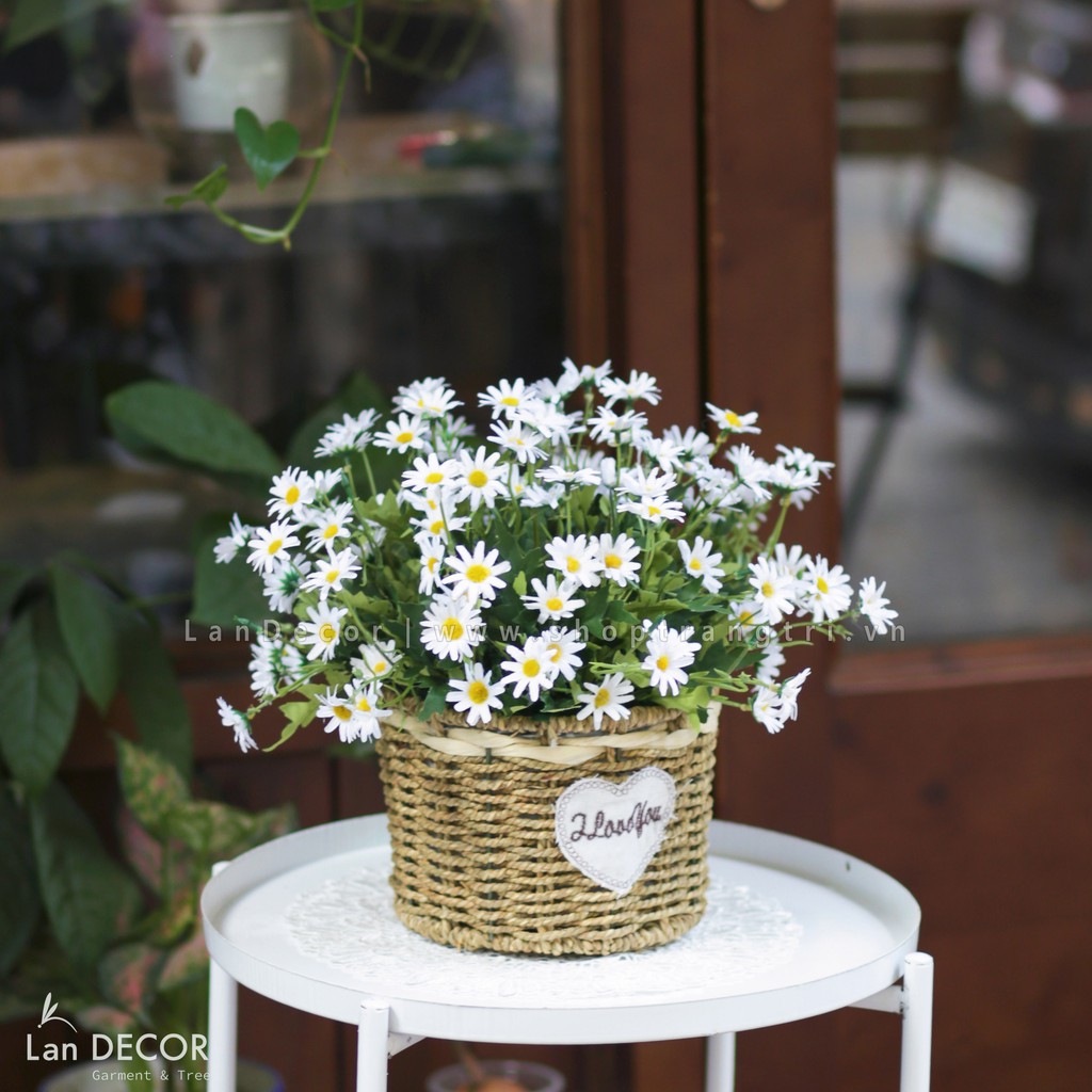 Hoa giả - Giỏ Cúc họa mi trang trí nhà đẹp, decor bàn làm việc, phong cách đồng nội đẹp tự nhiên lãng mạn Lan Decor
