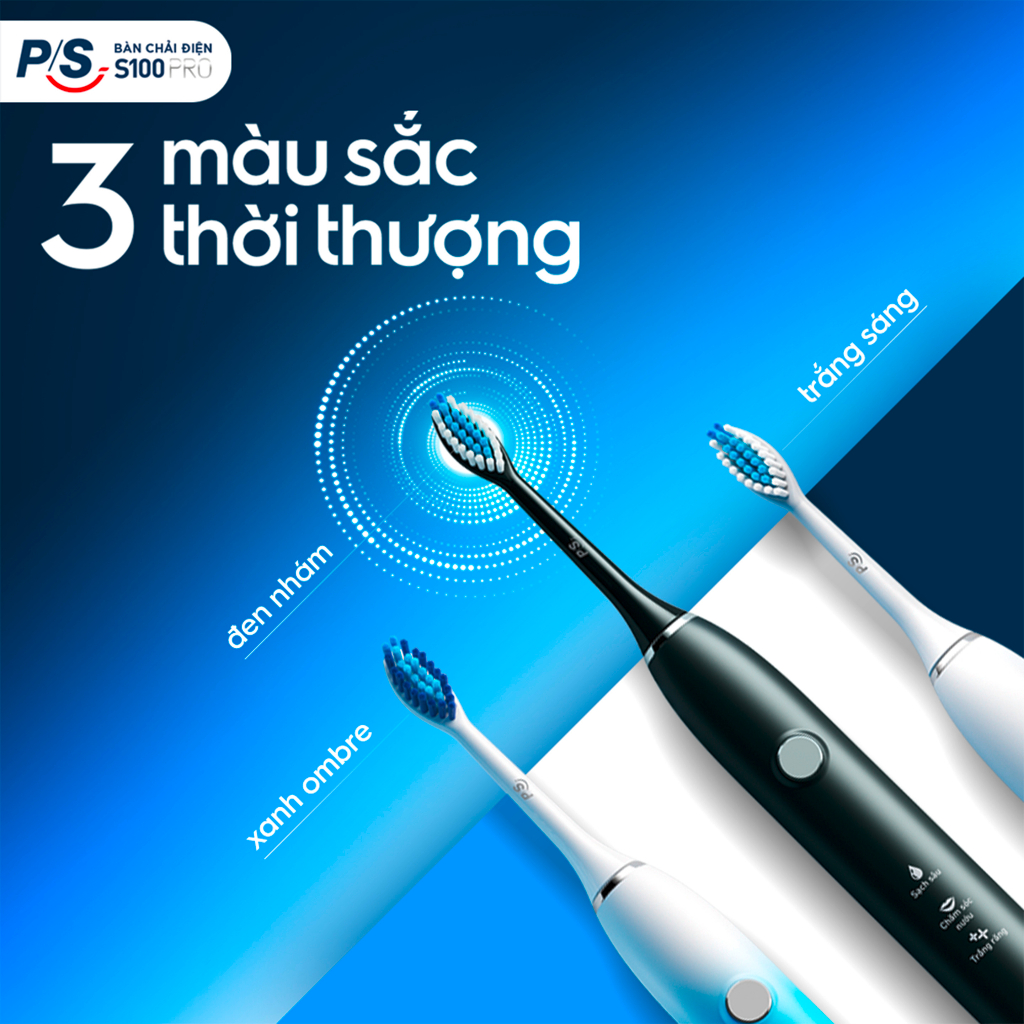 Bộ bàn Chải Điện P/S S100 PRO - Công Nghệ Sóng Âm, Chải Sạch Mảng Bám Tới 10X + Quà Sinh Nhật