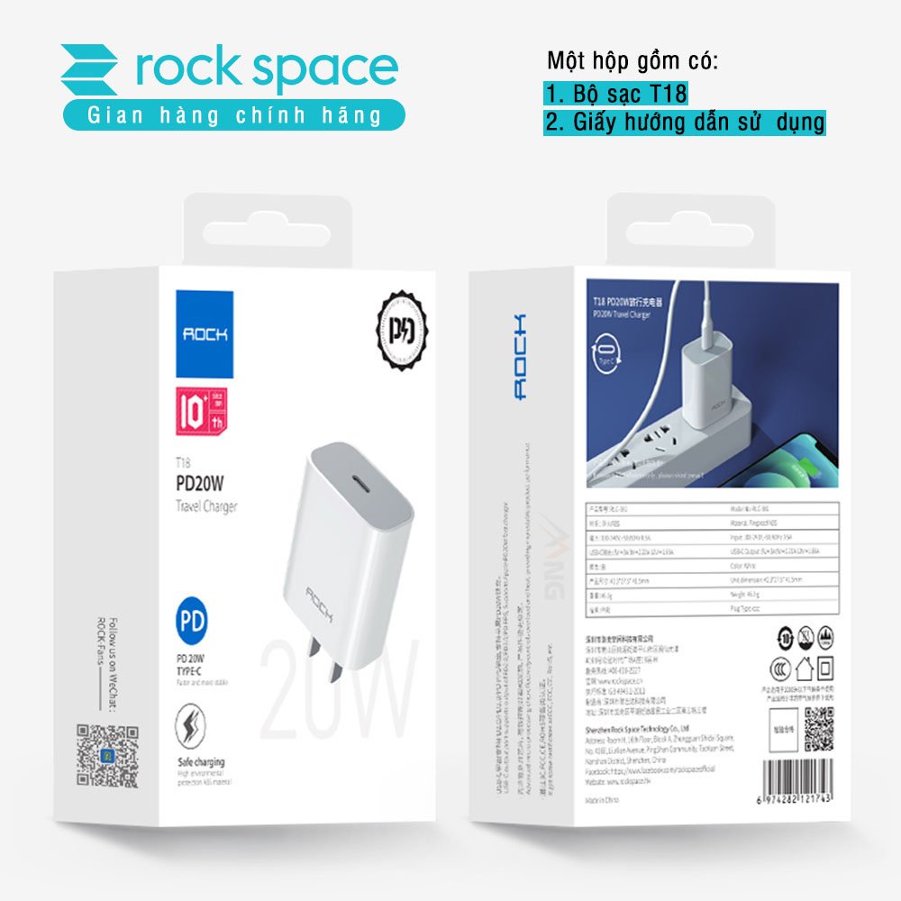 Bộ sạc nhanh PD 20W cho iPhone Rockspace T18 củ sạc nhanh chống cháy nổ-Bảo hành 12 tháng