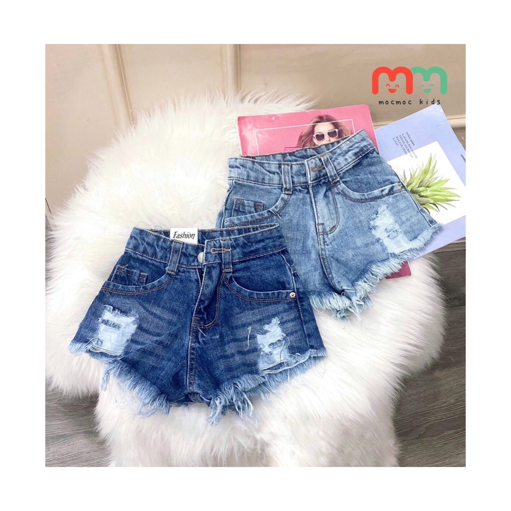 Quần short jean bé gái rách cá tính chất jean mềm cao cấp có nút điều chỉnh lưng bên trong tinh tế cho bé 24kg đến 42kg