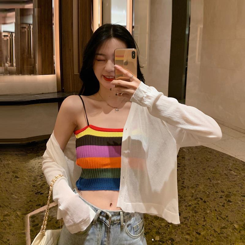 Women Knitted Rainbow Stripe Camisole Fashion Tank Top +cardigan Set