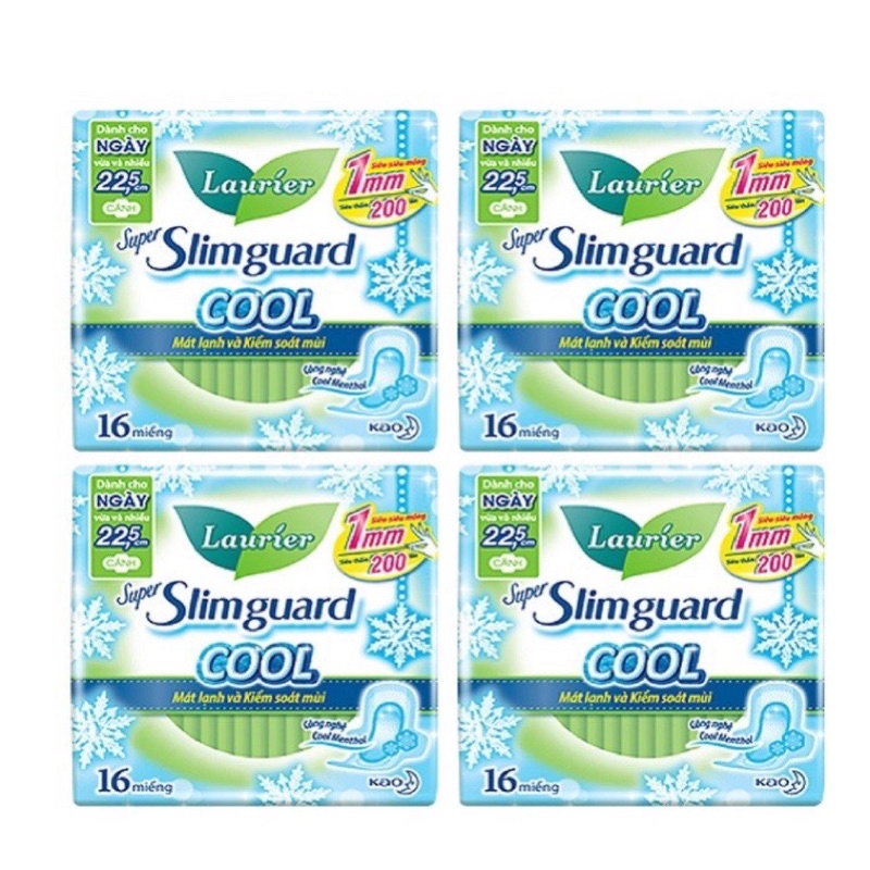 Combo 4 Gói Băng Vệ Sinh Laurier Siêu Mỏng Cánh 1mm Super Slimguard Cool Mát Lạnh (22,5cm-16M)