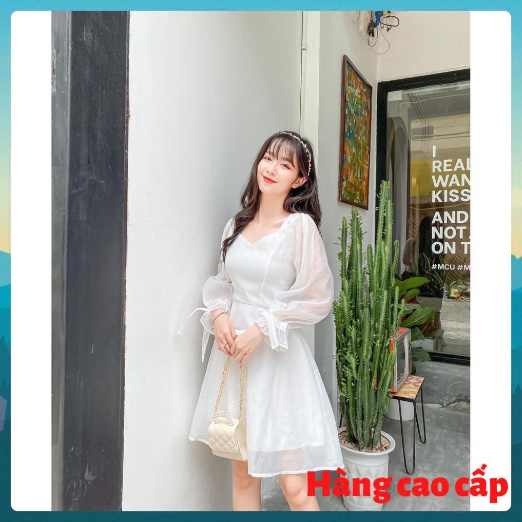 (Hàng cao cấp) Đầm dạo phố dáng xòe ELSA Dress cổ vuông phối nút bọc tay nơ | BigBuy360 - bigbuy360.vn