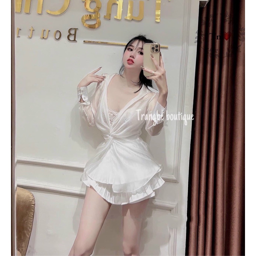 Set áo kiểu sơ mi tay dài form rộng xoắn eo kèm áo ống ren sang chảnh