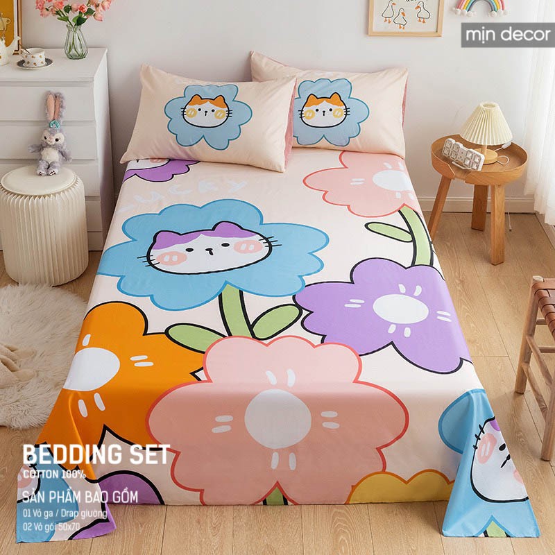 Bộ ga gối cotton 100% cho bé, bộ ga giường 2 vỏ gối đáng yêu mát lịm mềm mại