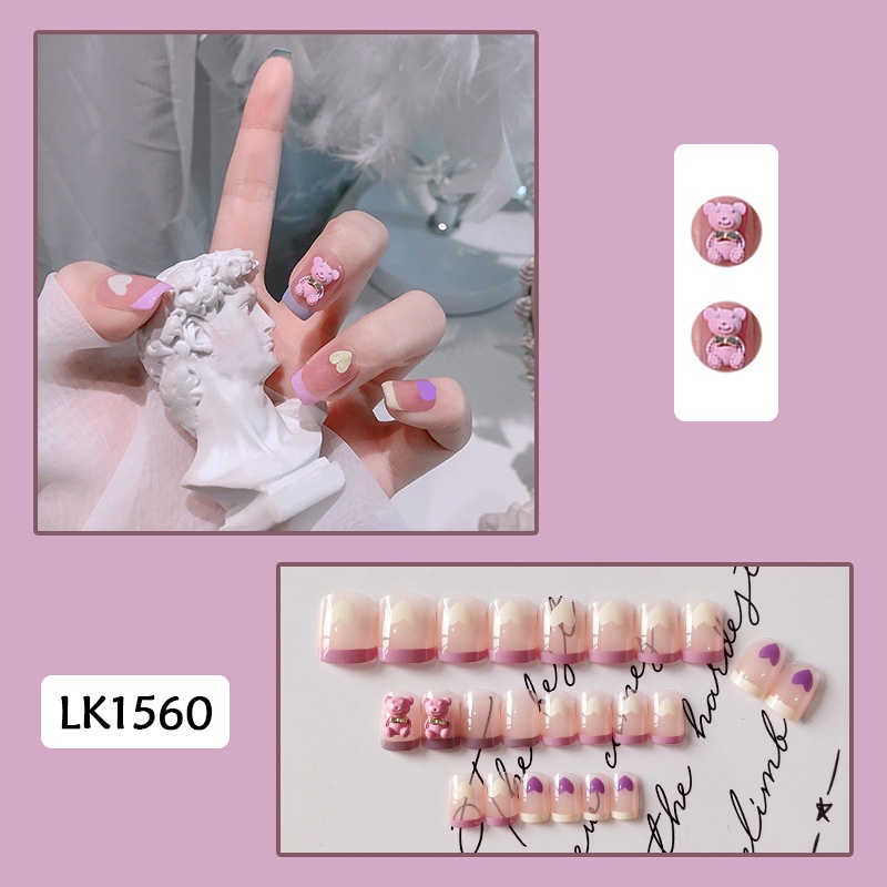 Set 24 miếng gắn móng đính nơ dáng dài thời trang có keo tháo rời được tiết kiệm thời gian