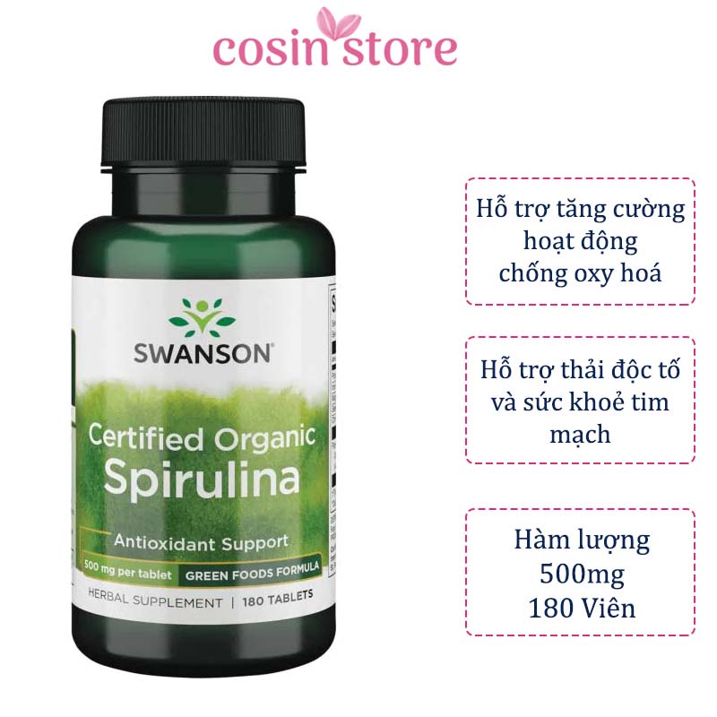 Viên uống Swanson Certified Organic Spirulina 500mg 180 viên tảo xoắn hữu cơ bổ sung xơ và vitamin Cosin Store