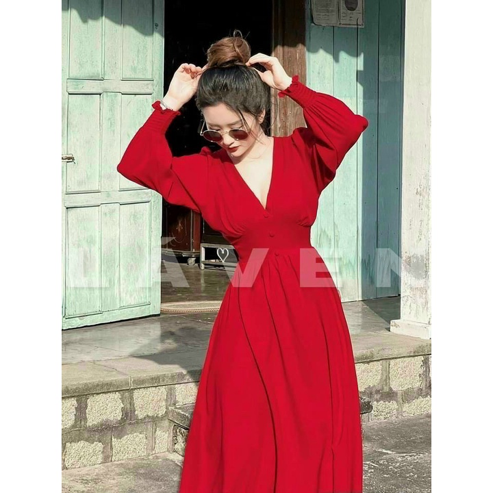 Đầm Nữ Thời Trang Mặc Đi Chơi, Đầm Lụa Tay Phồng Dài Xếp Ly Cổ Chữ V Có Mút 3 Màu Dễ Thương