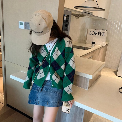 Áo khoác cardigan len dệt kim họa tiết thổ cẩm mùa Thu