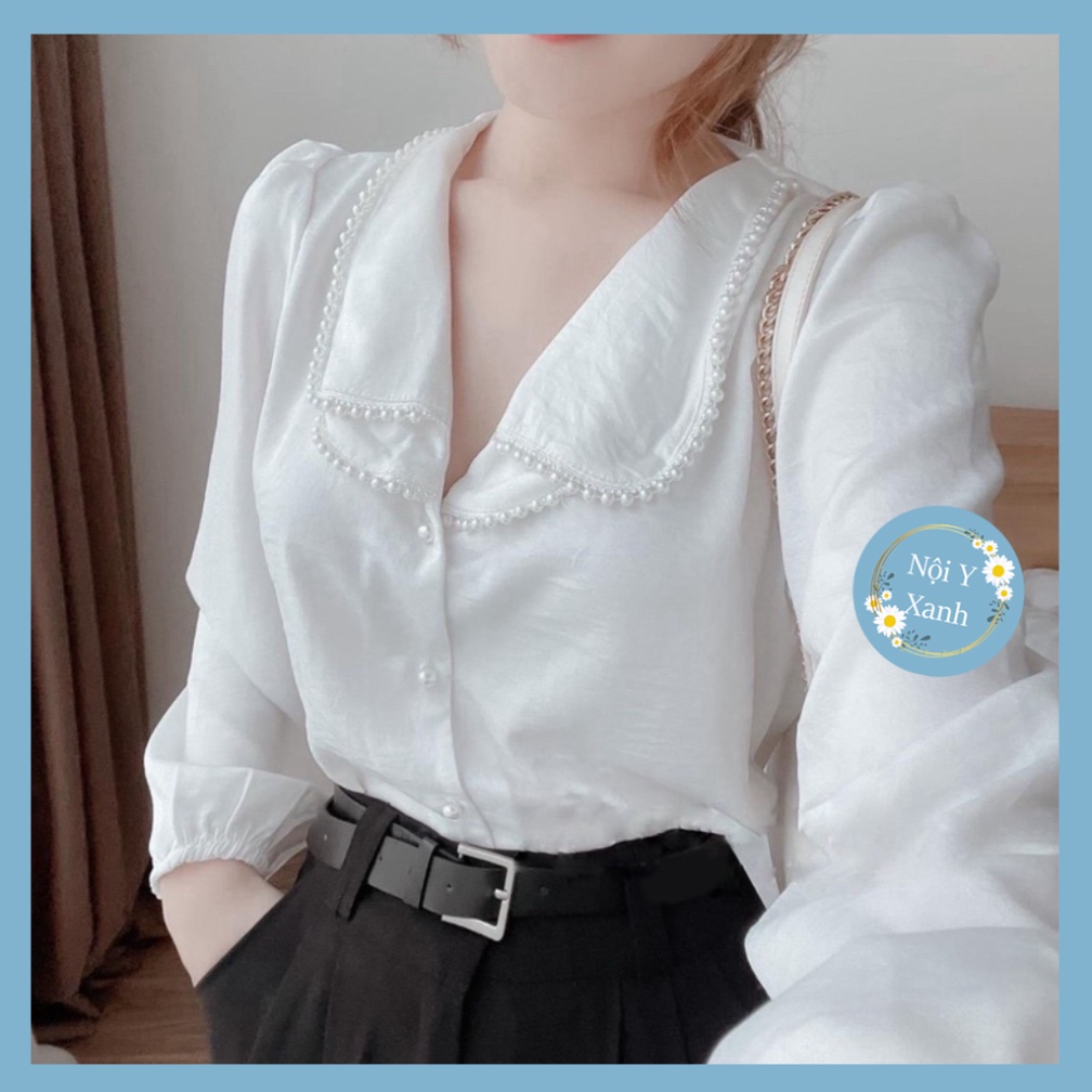 Áo sơ mi lụa tằm chạy dây ngọc hàng mới mầu trắng, babydoll ulzzang mềm nội y xanh