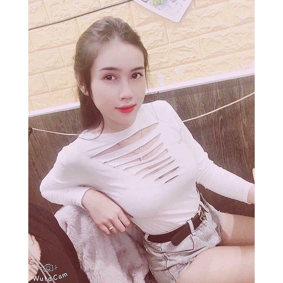 Áo Thun Nữ Dài Tay Rách Ngực Cá Tính EVA AO 10136