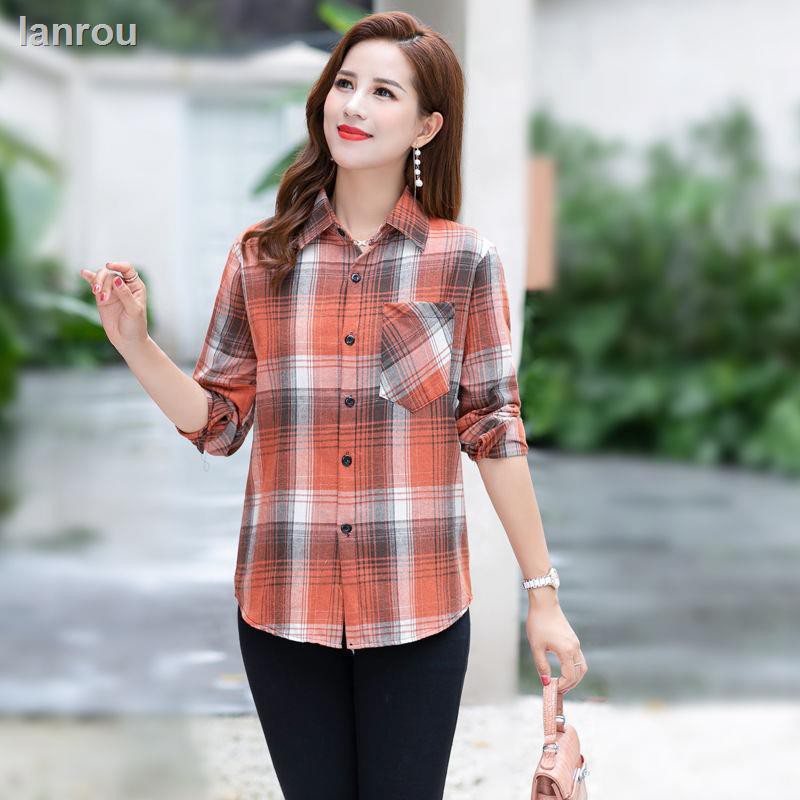 Đầm Sơ Mi Cotton Tay Dài Họa Tiết Sọc Caro Thời Trang Xuân Thu Cho Nữ Trung Niên