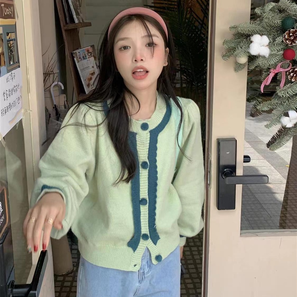 Áo cardigan Dệt Kim Tay Phồng Cổ Chữ V Màu Sắc Ngọt Ngào Phong Cách Hàn Quốc Cho Nữ