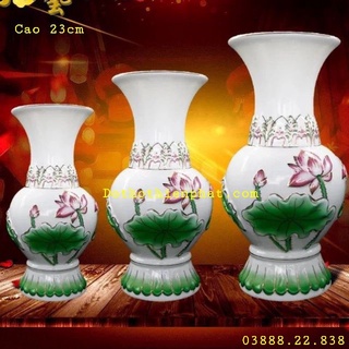 Bình bông hoa sen hồng sứ cao 23cm
