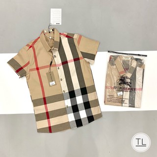 Áo sơ mi ngắn tay bbr kẻ sọc màu be chất vải cotton thoáng mát á sơ mi cộc tay phong cách trẻ trung năng động bbr2565