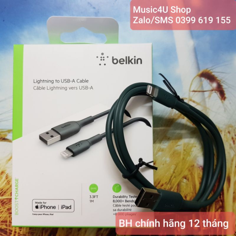 Cáp sạc nhanh Lightning Belkin 1m cho Iphone/Ipad/Airpods, chuẩn MFI, siêu bền [Music4U]
