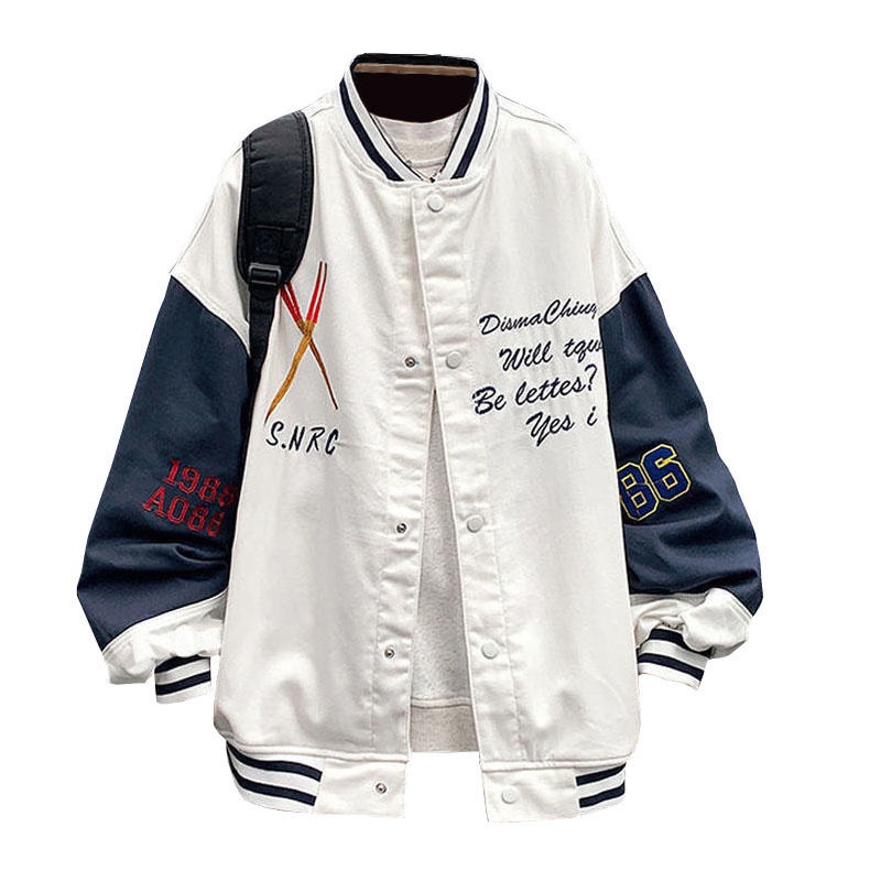 Áo khoác bóng chày cổ chữ V dáng rộng thêu họa tiết thời trang dành cho nam