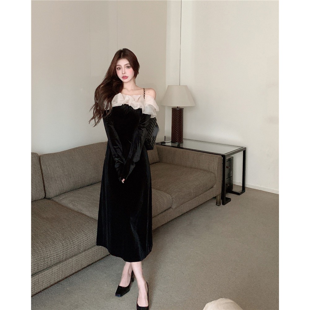 Váy dự tiệc vải nhung trễ vai phong cách sang chảnh tiểu thư hàng Quảng Châu đầu xu hướng thu đông 2021