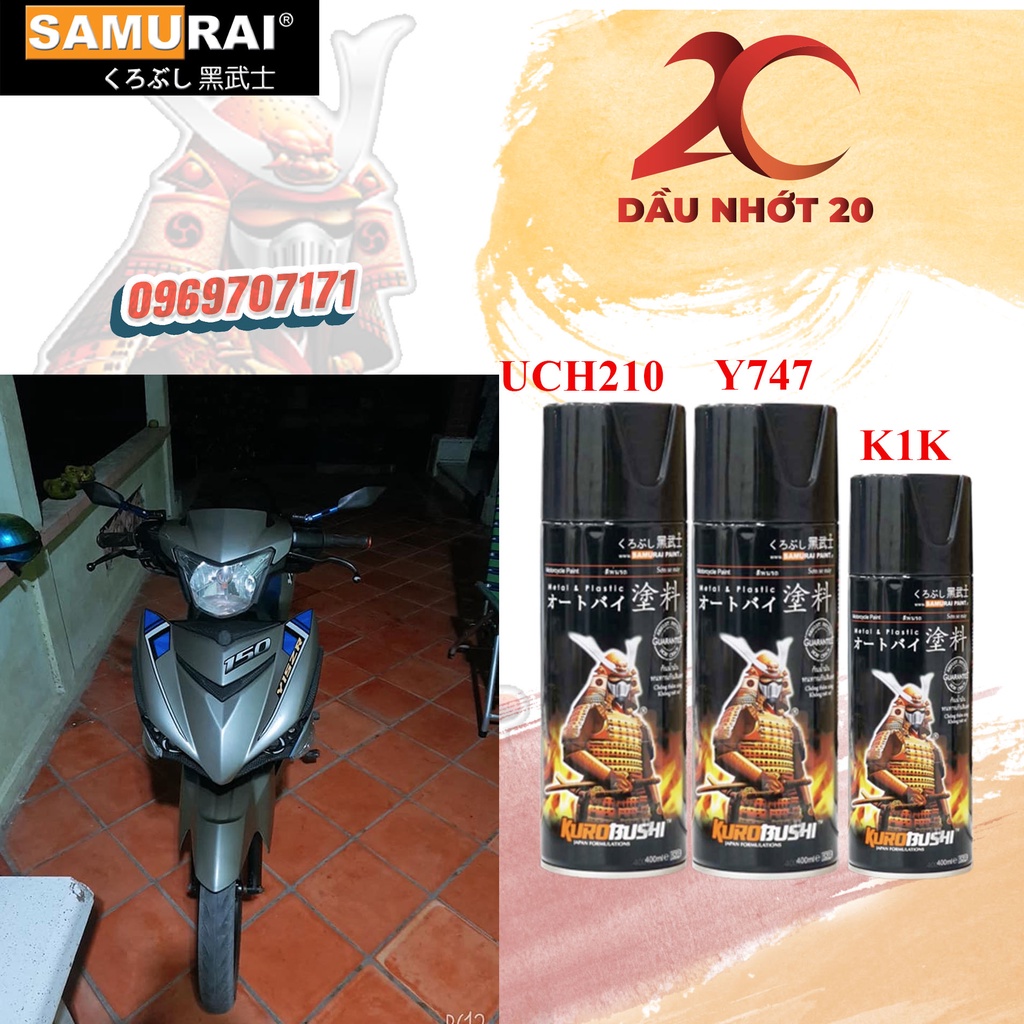 [COMBO] Sơn xịt dành cho xe máy Samurai màu Xám Mờ - Y747 với keo mờ 128A hoặc bóng kim tuyến 128 K1K K1KT