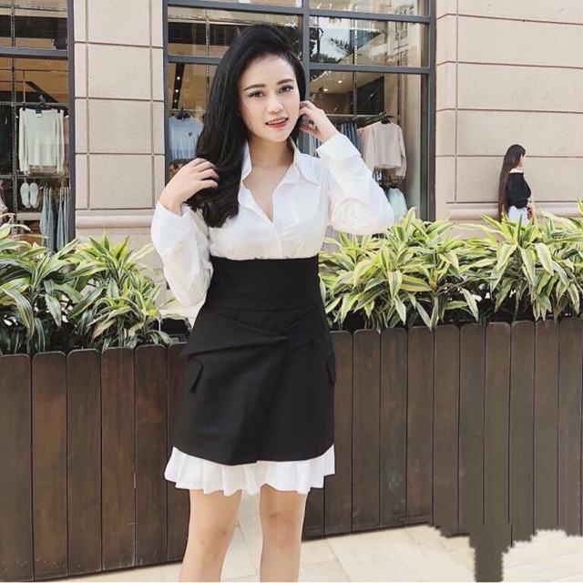 Set váy cao và áo sơ mi dáng dài