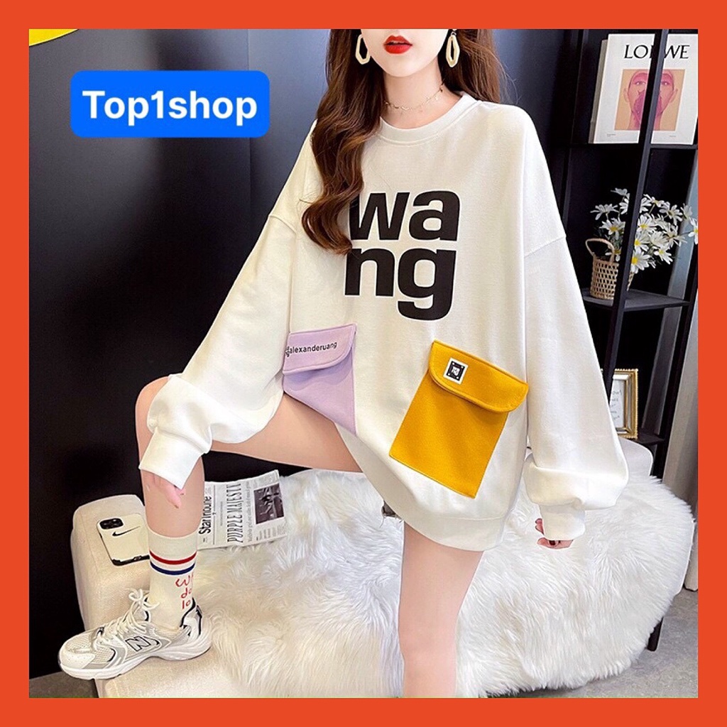 Áo Sweater nữ WANG tay dài form rộng thiết kế hai túi trước phối màu phong cách Hàn Quốc,chất liệu nỉ bông cao cấp 2022 | BigBuy360 - bigbuy360.vn