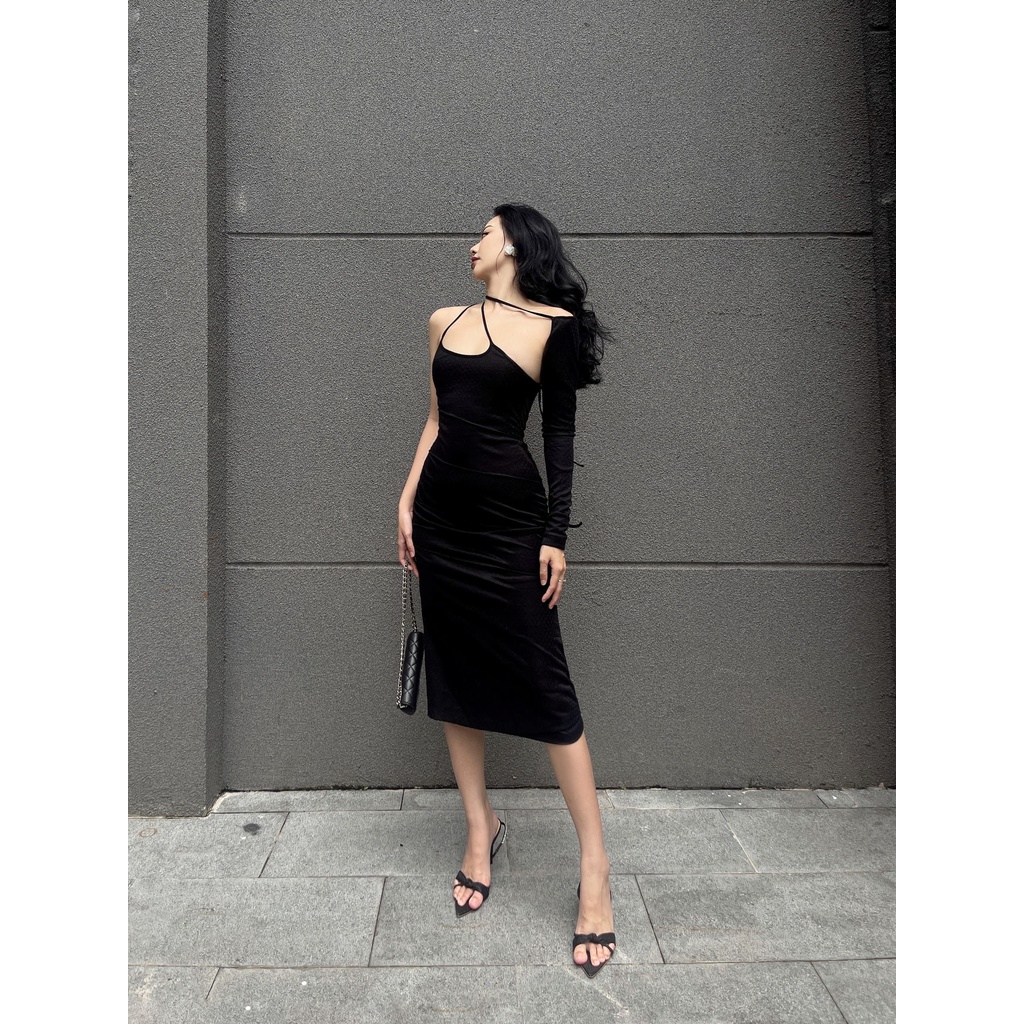 Váy Body Lưới Cổ Chéo 1 Tay LSEOUL V1411 Chất Dày Dặn Tôn Dáng Sang Trọng Quyến Rũ