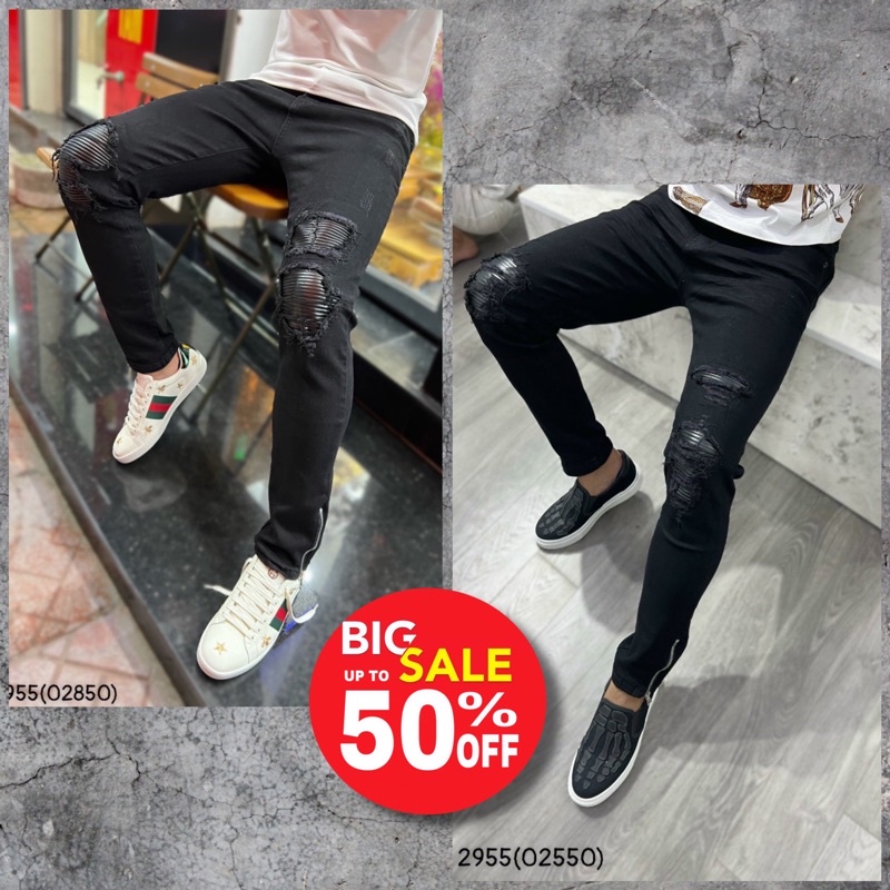 Quần jean vá da nhăn đen phối khoázip,quần bò phối khoá zip dọc ống chân hoạ tiết vá da nhăn đen khâu viền