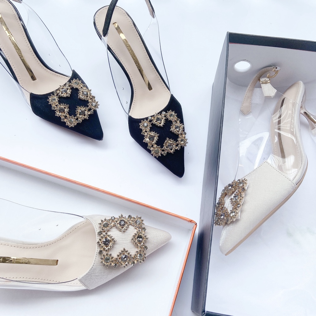 Giày hở gót nữ 5p mũi nhọn da vân mềm charm đá bít mũi thời trang công sở đẹp -Dazzling Shoes DA755