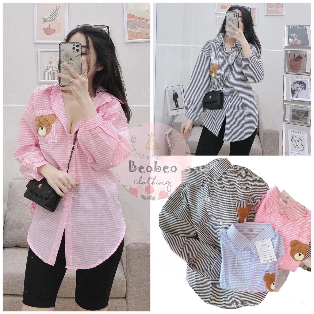 Áo sơ mi tay phồng kẻ sọc gấu túi 3 màu ulzzang