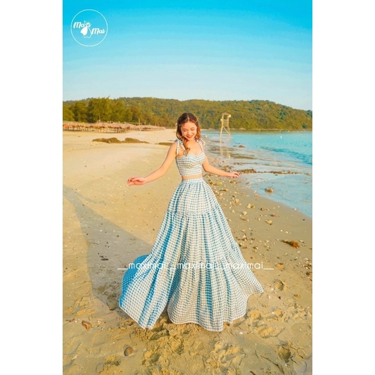 Đầm hai dây 🌷Set áo croptop hai dây caro kèm chân váy maxi dài