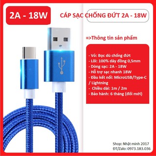 Cáp sạc 2A 18W dây bọc dù chống đứt - hỗ trợ sạc nhanh - màu ngẫu nhiên